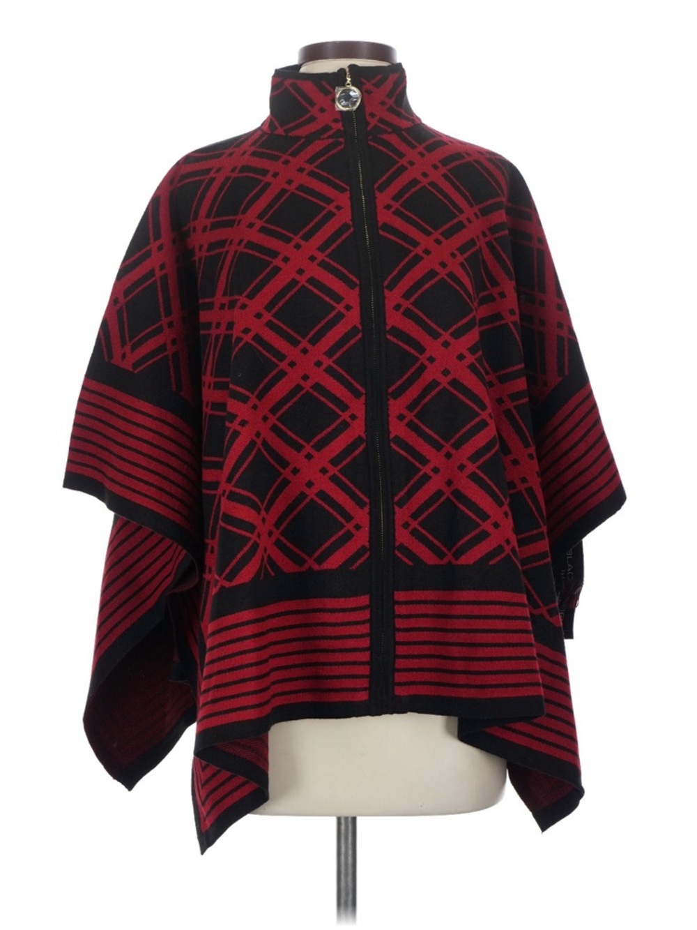 NWT Evan Picone Red and Black Zip-Front Poncho Sweater‎